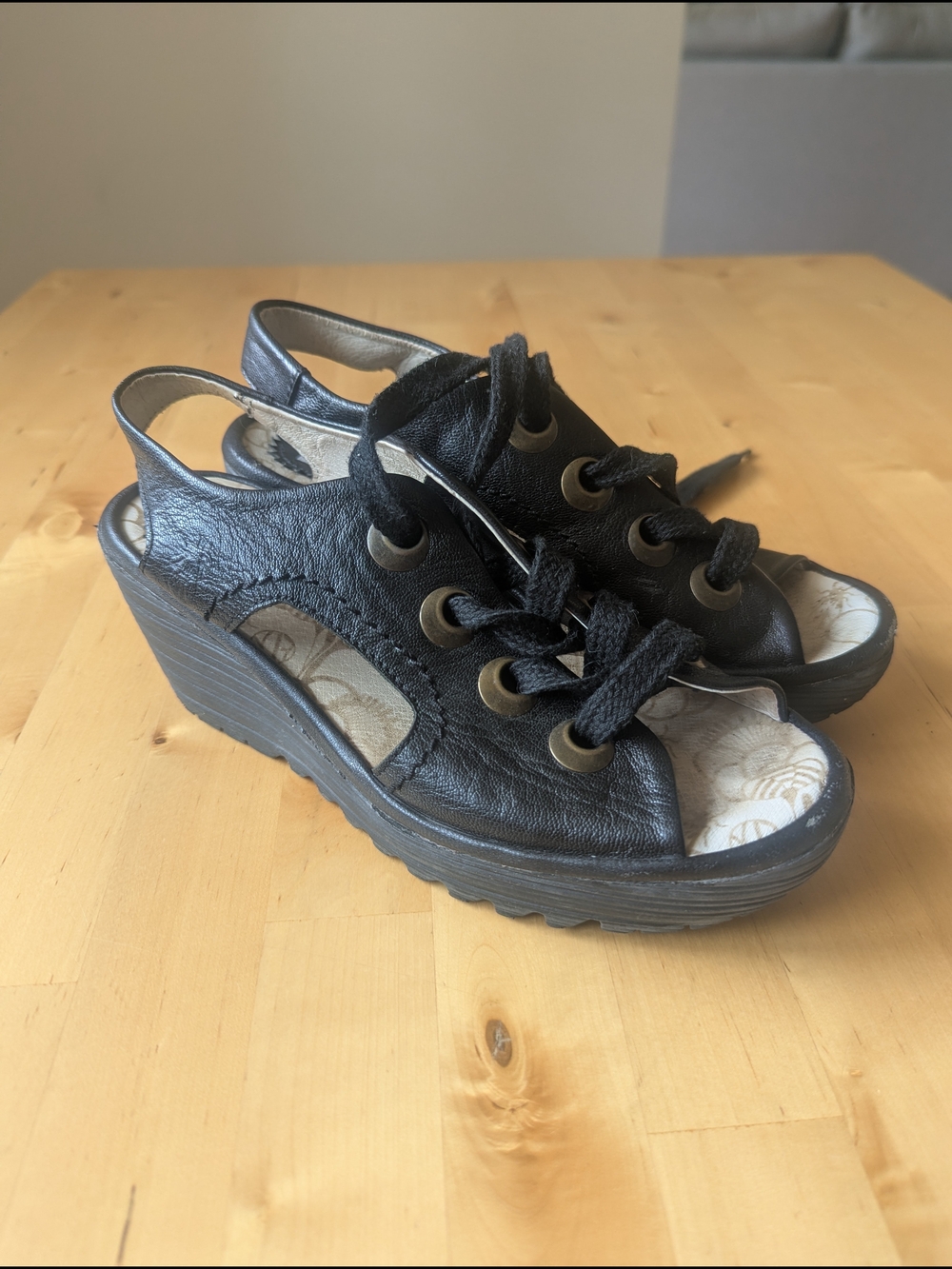 Fly London YLFA Black Women's Wedge Sandal with Lace-Up Detail - Size 38